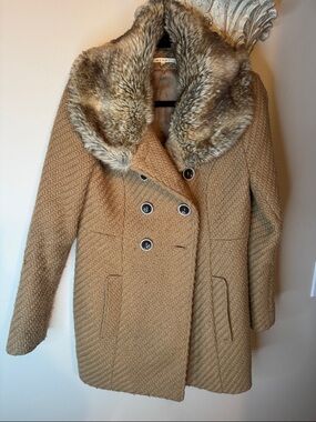 Wool-Blend Faux Fur Collar Peacoat - Camel